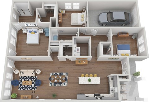 a 3d rendering of a floor plan with a car and a balcony
